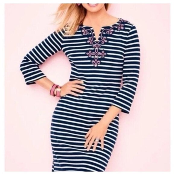 Talbots Dress Size Large Blue Striped Embroidered Coastal Preppy Resort V-Neck‎ - Picture 3 of 11